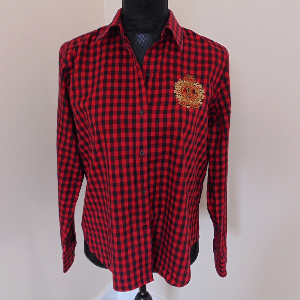 LAUREN RALPH LAUREN RED BLACK CHECK CRESTED SHIRT